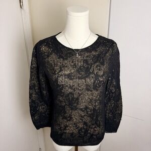 RARE Vince Women's Black Lace Stitch Layered Sweater Sz S Alpaca/Wool Blend